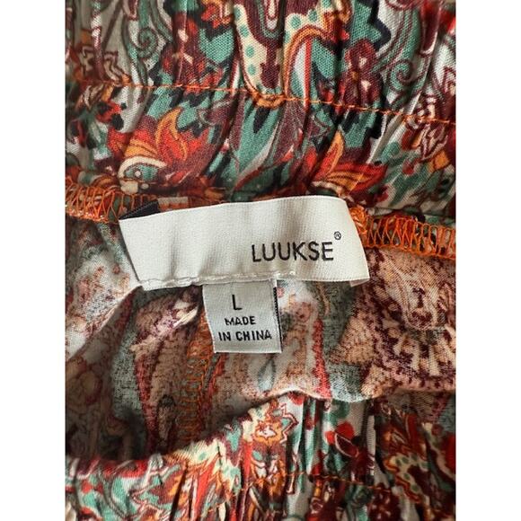 Luukse Brown Gold Floral Wide Leg Women's Pants sz Large Elastic Waist Boho - Picture 3 of 7